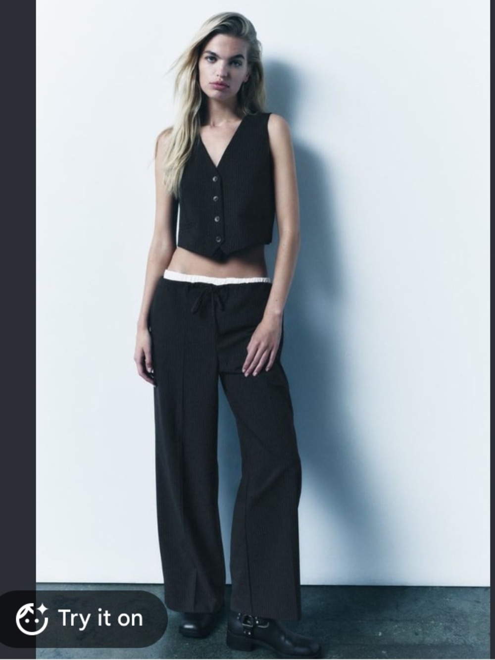 Zara Wide Leg Pinstripe Pants in navy with White Waistband